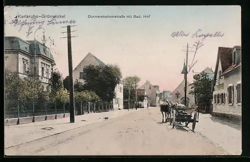 AK Karlsruhe-Grünwinkel, Durmersheimerstrasse mit Badischem Hof, Kirche und Pferdewagen