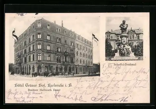 AK Karlsruhe, Hotel Grüner Hof H. Deter, Scheffeldenkmal