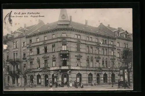 AK Karlsruhe, Gasthaus zum Bremer Eck A. Baral, Strassenansicht