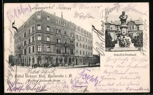 AK Karlsruhe, Hotel Grüner Hof H. Deter und Scheffeldenkmal