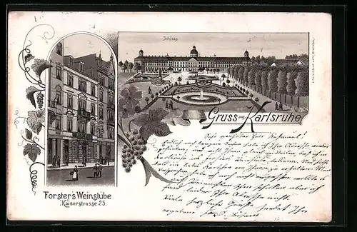 Lithographie Karlsruhe, Gasthaus Forsters Weinstube, Kaiserstrasse 25, Schloss mit Anlagen