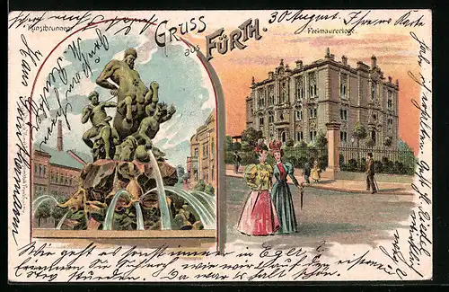 Lithographie Fürth, Freimaurerloge mit Strasse und Passanten, Kunstbrunnen