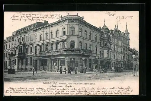 AK Duisburg, Königs- und Feldstrassen-Ecke mit Passanten und Litfasssäule