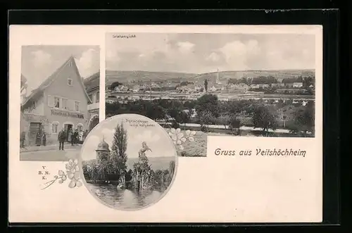 AK Veitshöchheim, Kolonialwarenhandlung Johann Rath, Pegasusgruppe im Kgl. Hofgarten