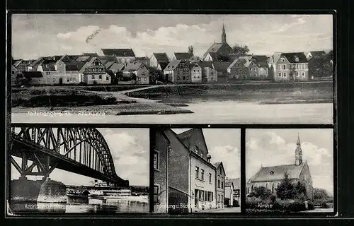 AK Kaltenengers /Rh., Bäckerei und Handlung Schreiber, Kronprinzenbrücke, Rheinseite-Panorama