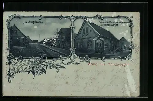 AK Münchehagen, Colonial- & Manufacturwaren v. Friedr. Lange, Dorfstrasse