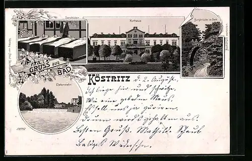 Lithographie Köstritz, Kurhaus, Sandbäder, Elsterwehr, Burgbrücke im Park