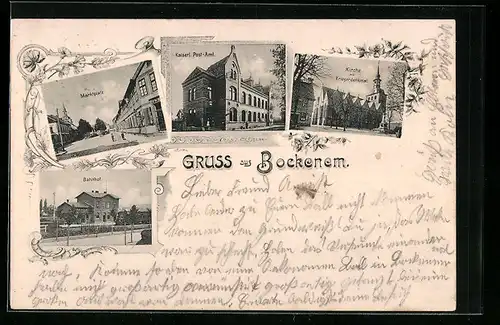AK Bockenem, Bahnhof, Marktplatz, Kirche mit Kriegerdenkmal