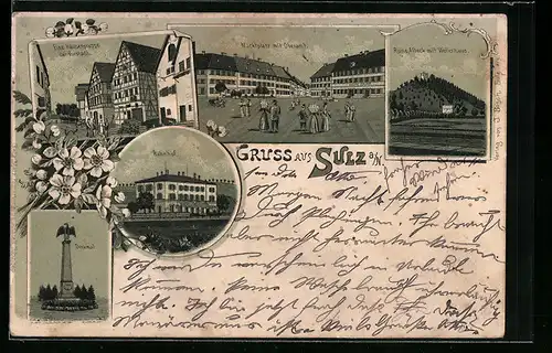 Lithographie Sulz a. N., Marktplatz mit Oberamt, Bahnhof & Ruine Albeck mit Weilerhaus