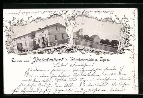 AK Jänickendorf / Spree, Gasthof von R. Kranz, Lehngut mit Kirche und Schule