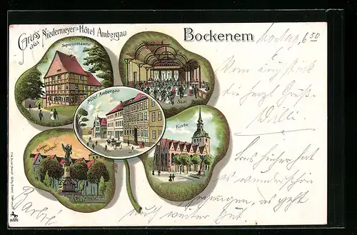 Passepartout-Lithographie Bockenem, Niedermeyers Hotel Ambergau, Kirche, Ansichten auf Kleeblatt