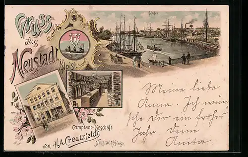 Lithographie Neustadt / Holstein, Comptant-Geschäft von H. A. Creutzfeldt, Hafen mit Schiffe, Wappen