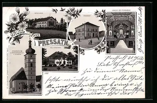 Lithographie Pressath, Schulhaus, Pfarrhof mit Pfarrkirche