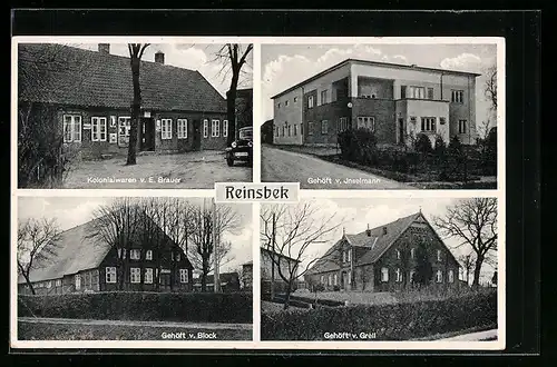 AK Reinsbek, Kolonialwaren E. Brauer, Gehöfte Inselmann, Block und Grell