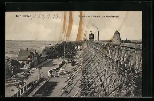 AK Bad Elmen, Bahnhof und Spielplatz am Gradierwerk
