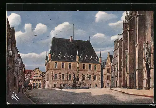 Künstler-AK Osnabrück, Rathaus mit Denkmal