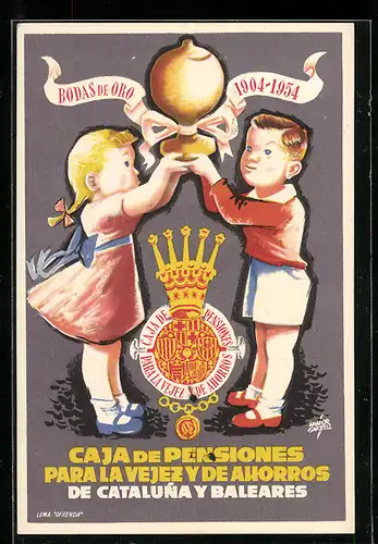 AK Caja de Pensiones para la vejez y de ahorros, Bodas de Oro 1904-1954, Bank, Kinder halten einen Pokal