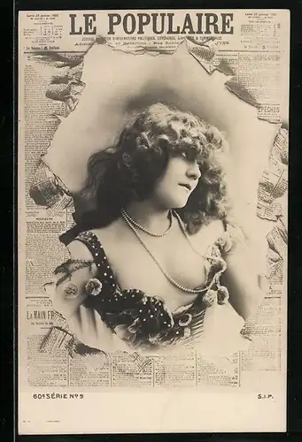 AK Zeitung Le Populaire, Dame mit offenem Dekollete bricht durch das Zeitungspapier
