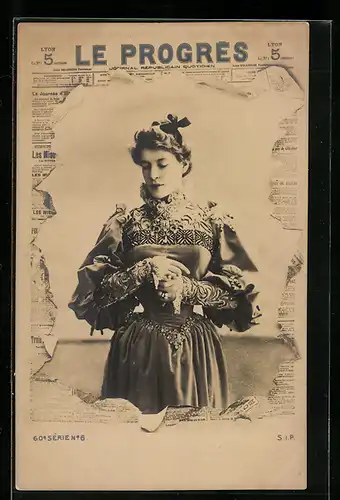 AK Zeitung Le Progrès, Hübsche junge Frau