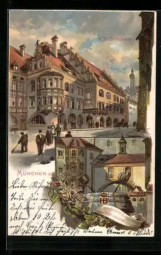 Künstler-AK Theodor Guggenberger: München, Hofbräuhaus, Passanten auf dem Vorplatz, Bierbrauutensilien