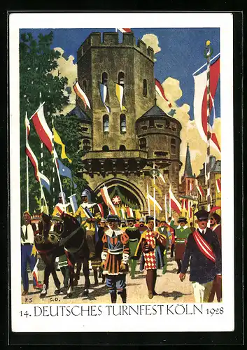 Künstler-AK Köln, 14. deutsches Turnfest 1928, Festzug am Severinstor