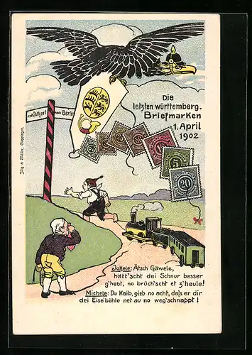 AK die letzten württembergischen Briefmarken 1902, Michel weint, Jokele zieht eine Eisenbahn, Adler mit Pickelhaube