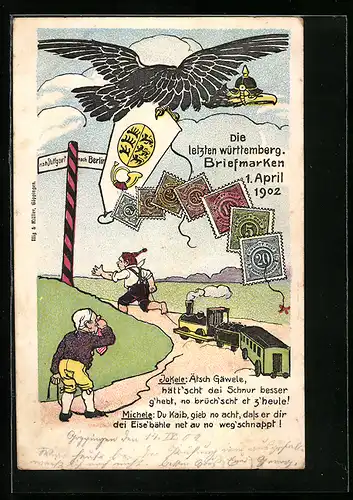 AK die letzten württembergischen Briefmarken 1902, Michel weint, Jokele zieht eine Eisenbahn, Adler mit Pickelhaube
