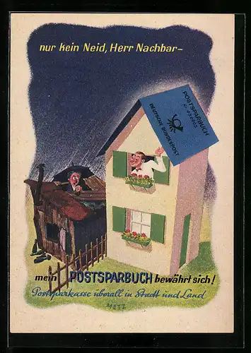 AK Reklame für Postsparbuch der Deutsche Bundespost, Besitzer eines Neubaus schaut auf seinen Nachbarn herab
