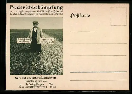 AK Heimerdingen /Württ., Landwirt Eduard Schwarz auf dem Feld, Reklame für Hederich Kalkstickstoff