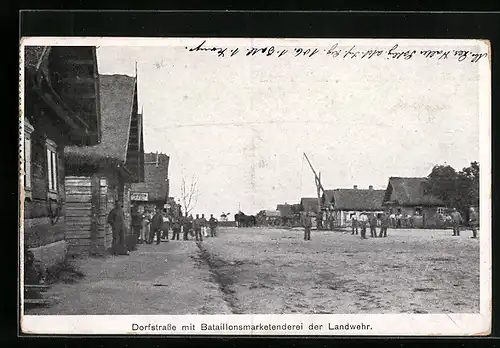 AK Brest-Litowsk, Rokitnosümpfe, Dorfstrasse mit Bataillonsmarketenderei der Landwehr