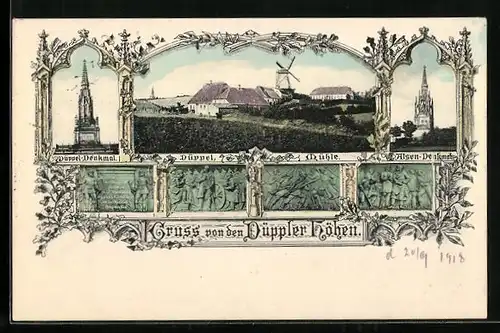 AK Düppel, Mühle auf der Düppeler Höhe, Düppel-Denkmal, Alsen-Denkmal