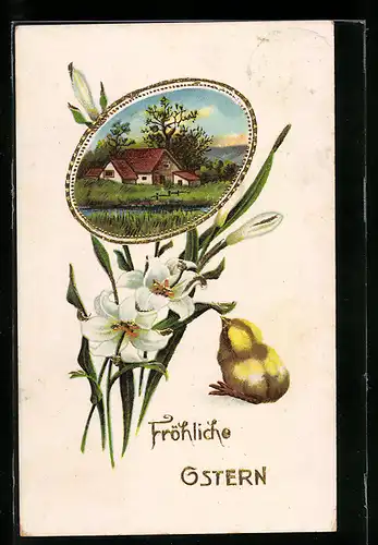 AK Osterküken mit Lilienmotiv und idyllischer Landschaft