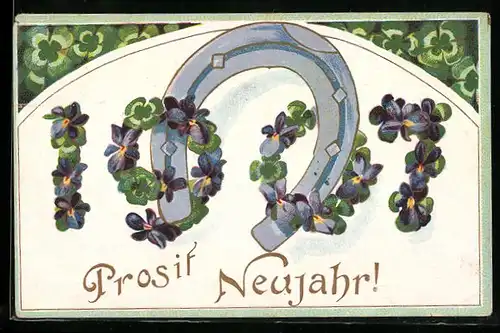 AK Veilchen und Klee bilden die Jahreszahl 1907, Hufeisen, Prosit Neujahr!