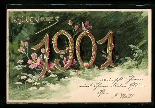 Künstler-AK Glückliches 1900, Blumen, Jahreszahl