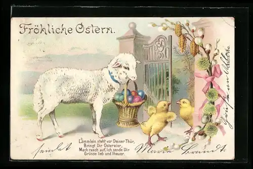 Lithographie Lamm mit Osterkörbchen und Osterküken