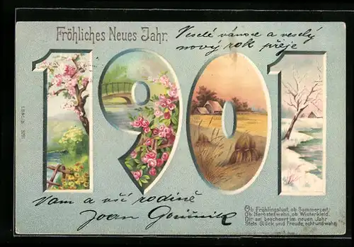 AK Jahreszahl 1901 zeigt Frühling, Sommer, Herbst und Winter, Fröhliches Neues Jahr
