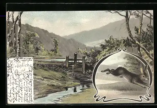 AK Springender Osterhase in idyllischer Landschaft