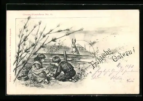 Künstler-AK Osterhase beobachtet Kinder über einen Zaun