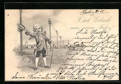 AK Engelchen mit Hut und Stock wünscht viel Glück im neuen Jahre