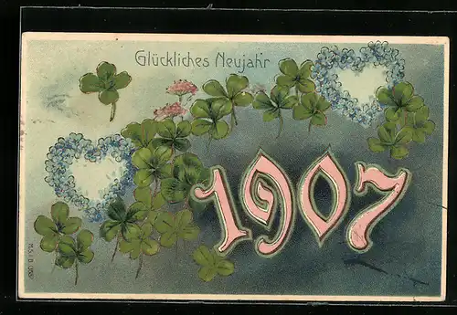 AK Jahreszahl 1907 mit Kleeblättern und Herzen aus Vergissmeinnicht