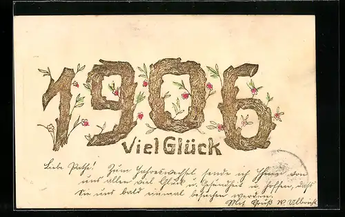 AK Jahreszahl 1906 in goldener Schrift mit Blüten