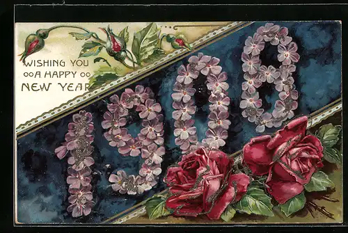 AK Jahreszahl 1908 aus Blüten mit Rosen