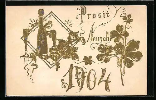 AK Jahreszahl 1904 in goldener Schrift, Kleeblätter