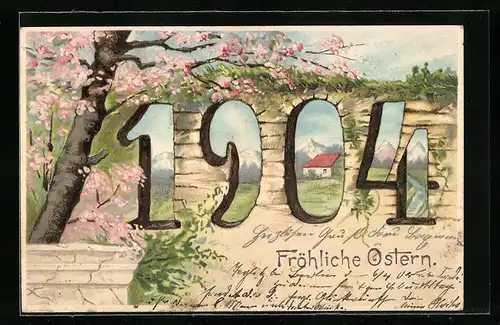 Lithographie Jahreszahl 1904, Kirschblütenbaum
