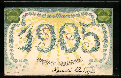 Präge-AK Jahreszahl 1905 in Blumenschrift mit Kleeblättern und Neujahrsgruss