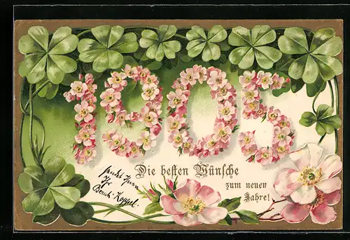 AK Jahreszahl aus Blumen mit Kleeblätern, Neujahrsgruss 1905
