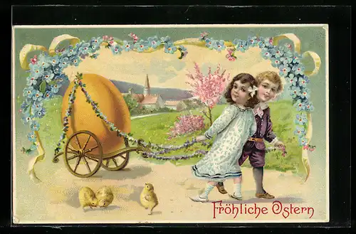 Präge-AK Fröhliche Ostern, Kinderpärchen zieht einen Wagen mit Vergissmeinnicht