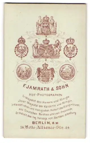 Fotografie F. Jamrath & Sohn, Berlin, königliche und kaiserliche Wappen über Anschrift des Ateliers