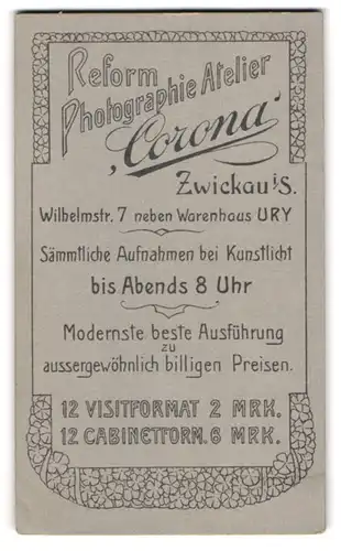 Fotografie Atelier Corona, Zwickau i. S., Wilhelmstr. 7, verschiedene Anschriften der Ateliers