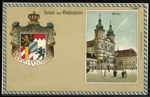 Passepartout-Lithographie Waldsassen, Passanten vor der Kirche, Stadtwappen